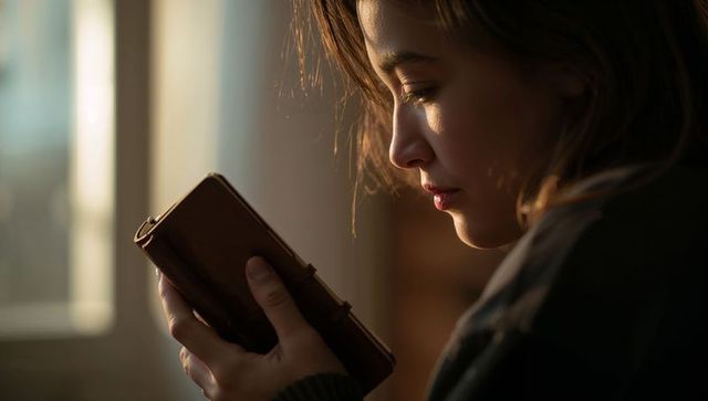 Woman inspecting brown leather wallet in warm golden-hour close-up contemplative portrait