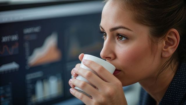 Sipping coffee while analyzing financial dashboards on monitor, focused woman at desk