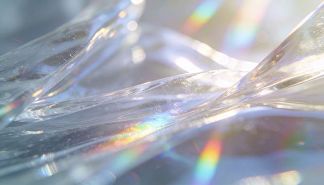Iridescent translucent plastic macro with rainbow refractions and soft pastel bokeh
