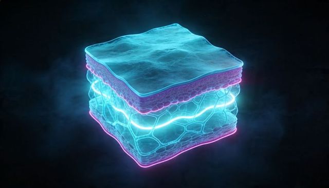 Neon glowing layered tissue cross section cube, futuristic translucent cellular 3d render