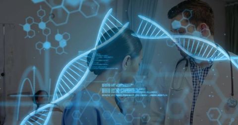 Medical Professionals Analyzing Holographic DNA Helix in Hospital Setting