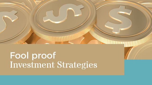 Golden dollar coins stacked with a focus on investment strategies text. Ideal for financial blogs, investment consultancy, economic growth articles, wealth management businesses, and finance workshops. Useful as a header image or promotional material for investment-centric content.