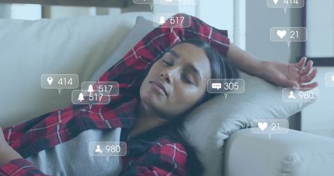 Woman Relaxing With Social Media Interaction Graphics Overlay