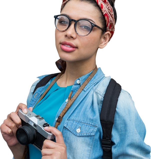 Young Female Photographer Standing with Classic Camera on Transparent Background - Download Free Stock Videos Pikwizard.com