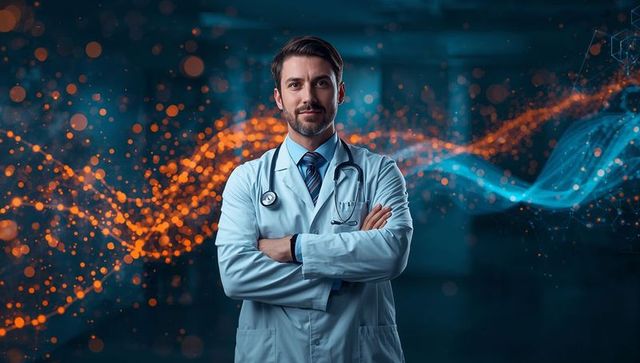 Doctor standing with arms crossed showcasing futuristic medical data visualization with bokeh lights
