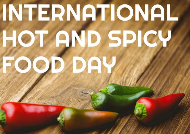 Digital composite image of text with red and green chili peppers on wooden table. international hot and spicy food day, text, communication, spice, food and spicy food day concept.