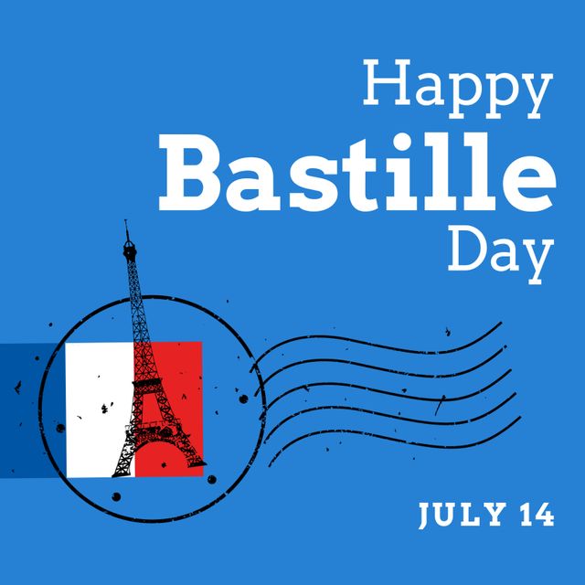 Happy Bastille Day Postcard with Eiffel Tower and French Flag Illustration - Download Free Stock Templates Pikwizard.com