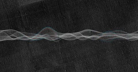 Layered translucent waveform ribbon sliding across dark textile cyan magenta accents