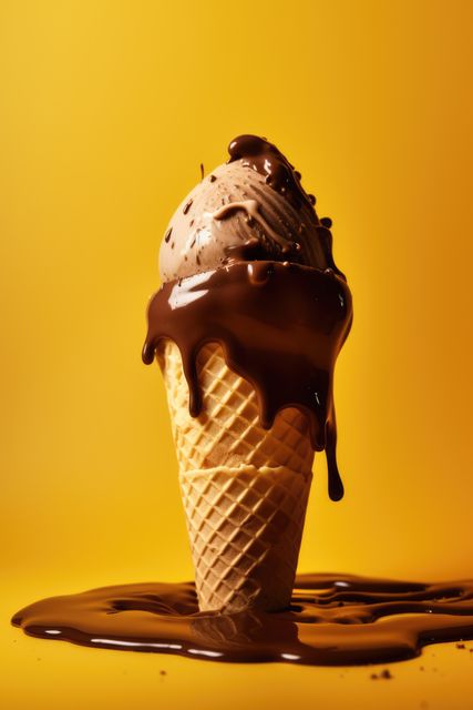 Chocolate ice cream in cone on yellow background, created using generative ai technology. Dessert, flavour, colours and food concept digitally generated image.