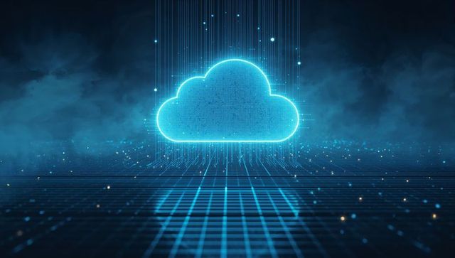 Futuristic Neon Cloud Icon with Streaming Data Lines