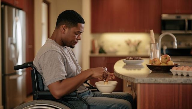 Man in wheelchair stirring bowl at kitchen island preparing meal in accessible home