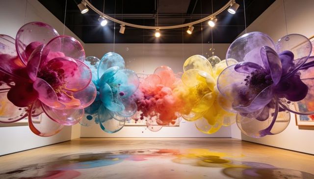 Hanging translucent bubble blossom installation with rainbow pigment clouds in art gallery