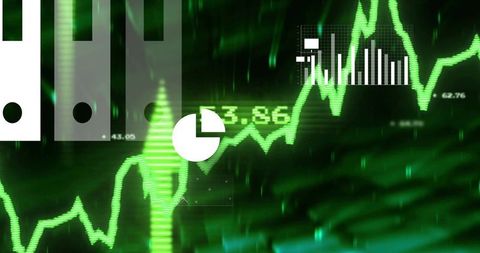 Neon Green Trading Chart Pulsing Over Futuristic Analytics Dashboard With Graph Overlays