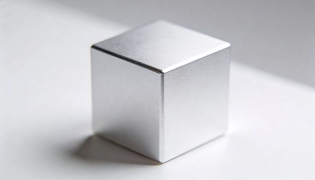 Matte Silver Metal Cube Casting Soft Shadow on White Surface Minimal Industrial Still Life