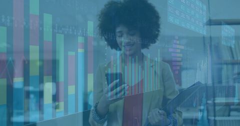 Smiling Businesswoman Analyzing Financial Data with Technology