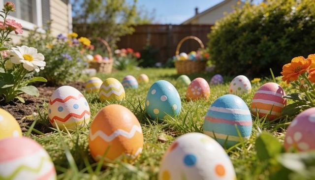 Colorful Painted Easter Eggs Scattering Across Sunlit Backyard Lawn for Spring Celebration
