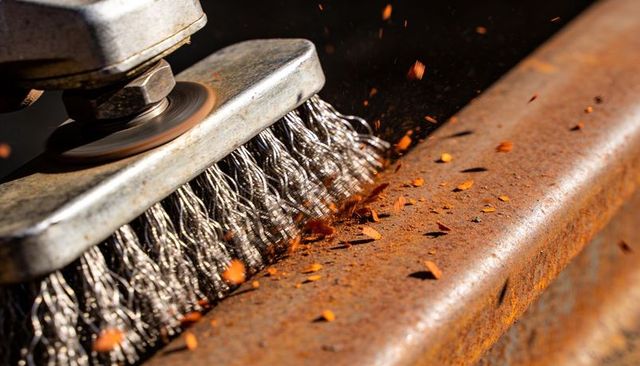 Rotating wire brush removing rust from steel rail, closeup industrial metalworking action