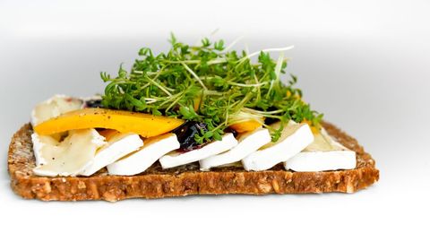 Open-Faced Sandwich with Brie, Mango, and Microgreens