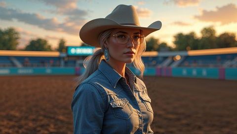 A cowgirl in hat standing in rodeo arena at sunset