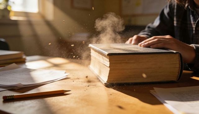 Sunlit hands pressing antique book releasing dust motes on wooden study desk vintage library