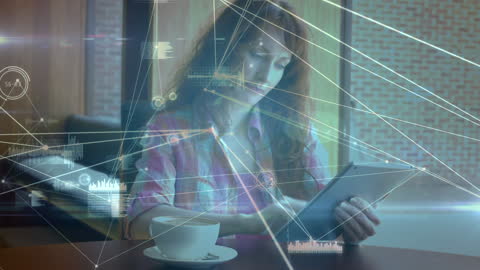 Digital Networking Concept with Woman Using Tablet and Coffee