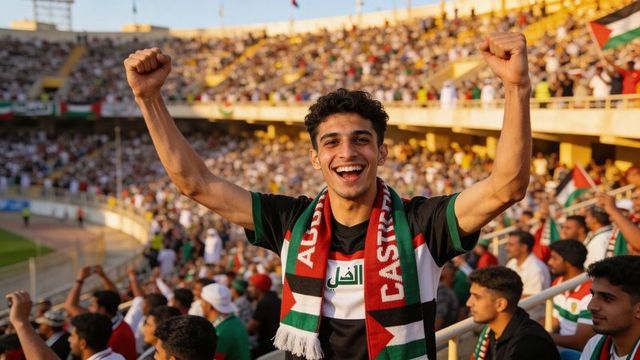 Young male football fan cheering and raising fists while wearing palestinian scarf in packed stadium