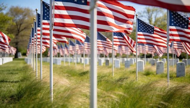 American flags waving over military cemetery rows honoring fallen veterans