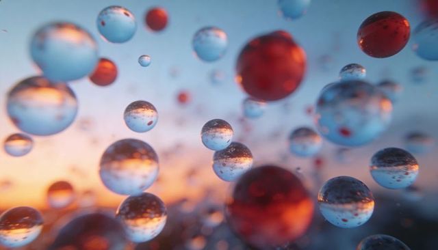 Floating glass spheres reflecting sunset blue and amber light | macro bokeh abstract