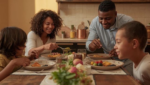 Smiling family sharing cozy homemade breakfast around rustic wooden table, ceramic plates