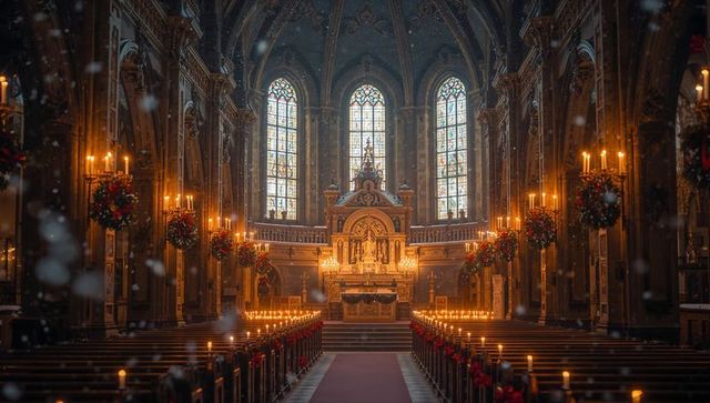 Candlelit gothic cathedral interior with ornate altar, stained glass windows, christmas wreaths