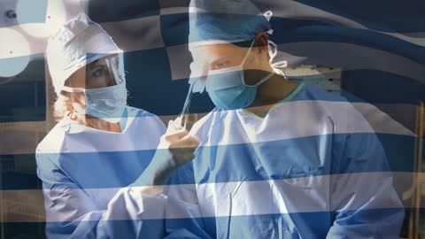 Two Surgeons Working Under Greek Flag Overlay