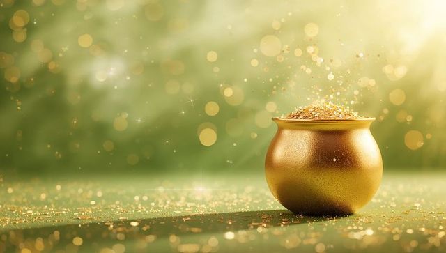 Golden cauldron overflowing with sparkling coins on lush green bokeh background for luck