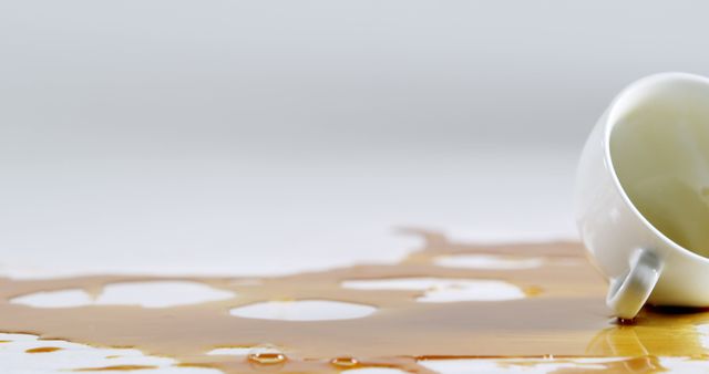 Image displaying a spilled coffee from an overturned white mug on a white surface. Useful for depicting themes of accidents, messiness, coffee spills, cleanup, or morning mishaps. Ideal for use in blogs, advertisements, or articles focusing on coffee, lifestyle, and daily routines.