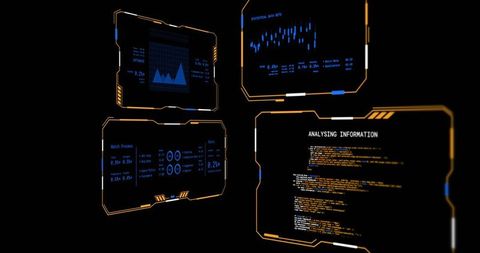 Futuristic HUD panels displaying analytics, charts and code on neon dashboard in dark void