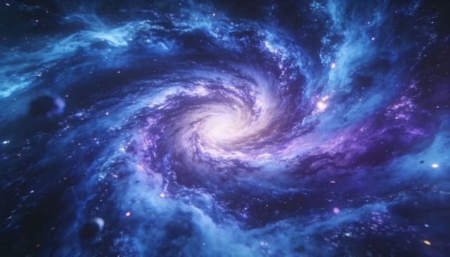 Spiral galaxy swirling with luminous core, blue nebula arms and pink star clusters