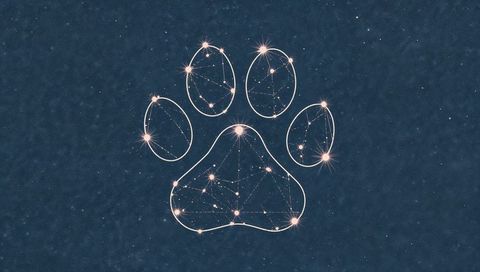 Glowing constellation paw print pulsing against deep navy starfield with luminous nodes