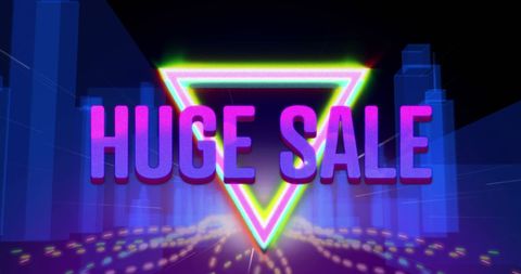 Huge sale neon glitch retro futuristic banner