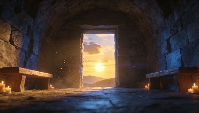 Welcoming sunlit stone archway channeling golden sunset into candlelit rustic chamber