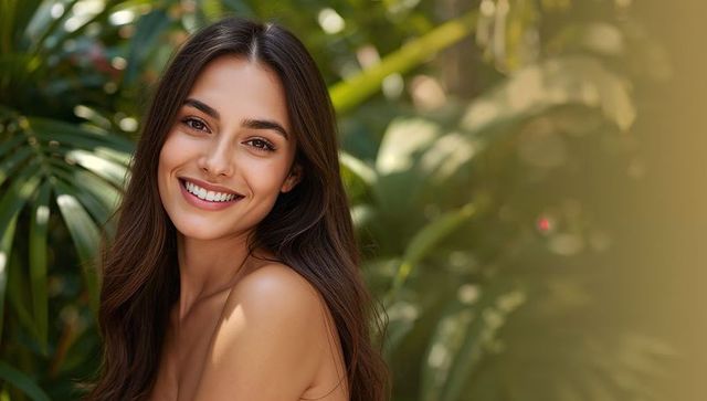 Smiling Woman Amid Lush Tropical Foliage in Sunlight
