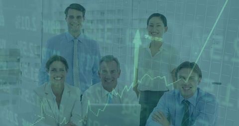 Business team analyzing rising market chart during collaborative strategy and finance meeting