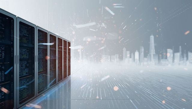 Futuristic Server Room with Streaming Data and City Skyline