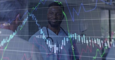 Smiling Doctor Analyzing Financial and Medical Data Charts