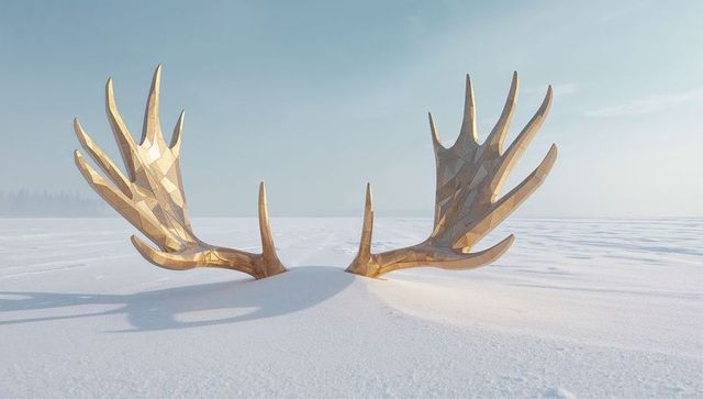 Gleaming golden faceted antlers resting in snow on minimalist winter plain