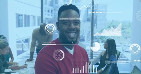 Smiling Professional in Tech-Enhanced Office with Analysts