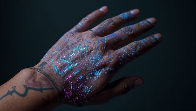 Hand with Holographic Circuits Tattoo Concept for Futuristic Tech
