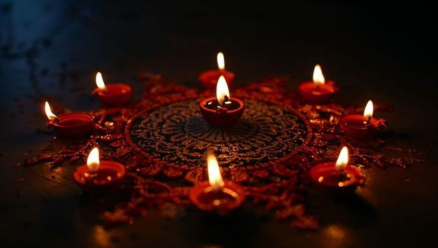 Clay Diyas Illuminating Colorful Rangoli During Festive Celebration