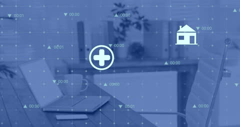 Digital Network Animation with Health and Home Icons on Office Desk