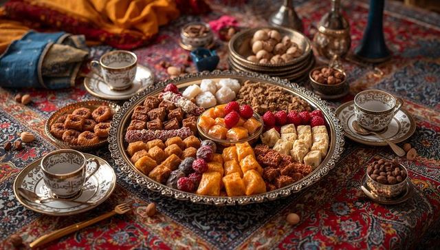 Assorted middle eastern sweets on ornate brass platter with porcelain tea cups