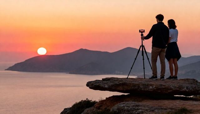 Couple capturing coastal sunset on rocky cliff with tripod silhouette at golden hour