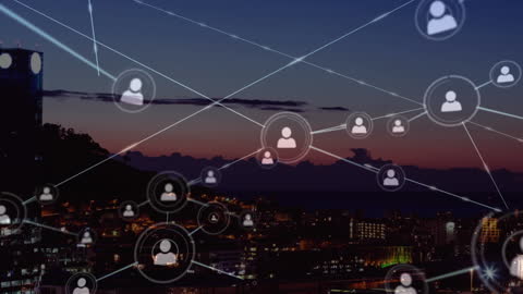 Global Networking Over City at Dusk with Icons and Connections